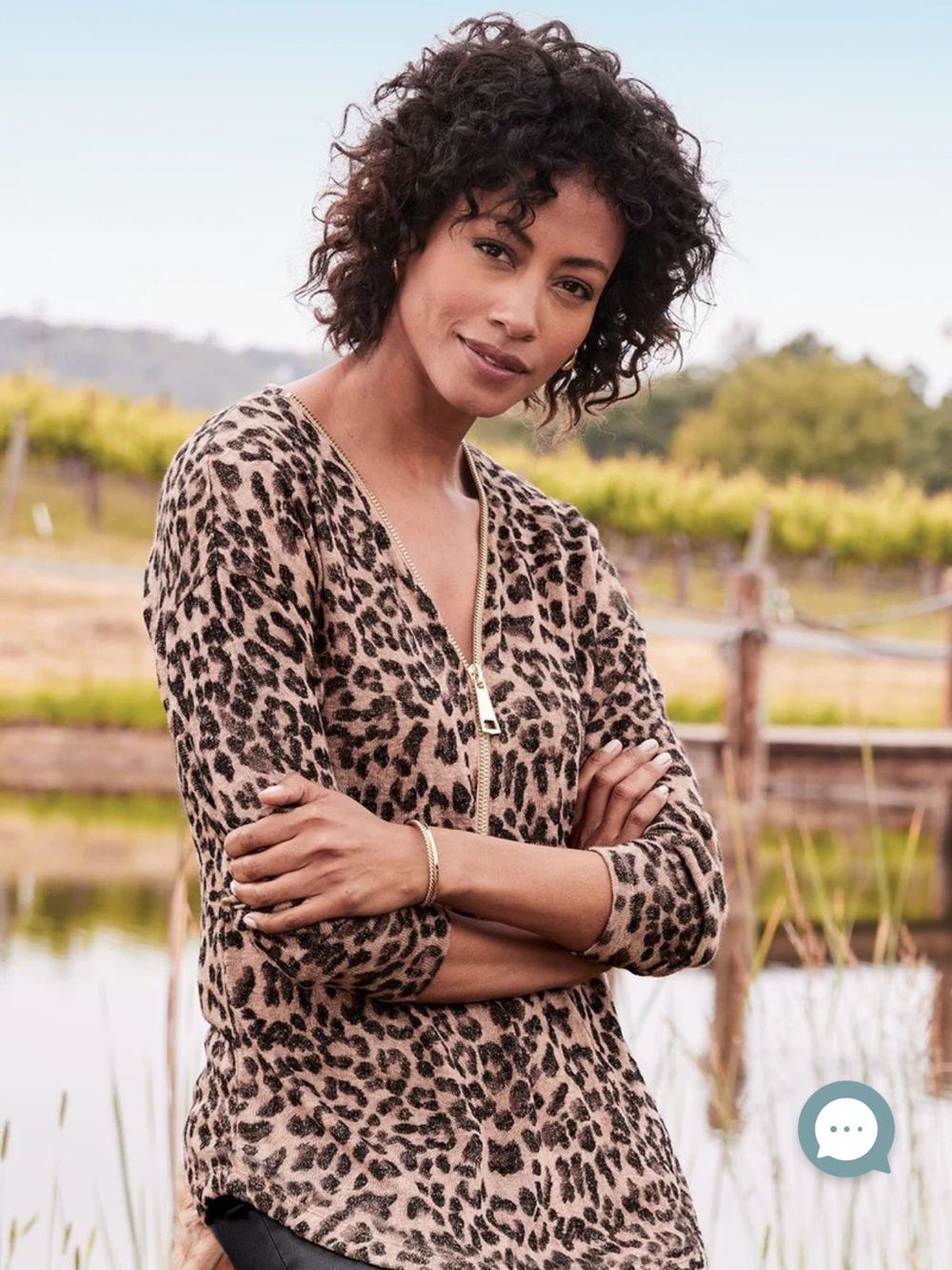 Soft Surroundings Caramel and Chocolate Leopard Zip V-Neck Sweater